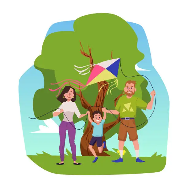 Vector illustration of Happy family launches kite in nature flat style, vector illustration