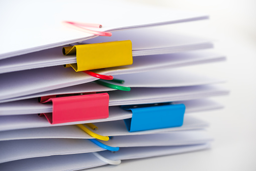 colorful Paper clips, documents, paperwork