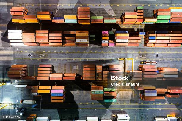 Aerial View Of Container Port Stock Photo - Download Image Now - Cargo Container, Gantry Crane, Above
