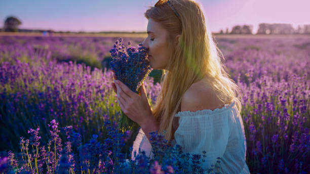 istock Looking for inner peace. Woman picking lavender and smelling flowers 1414823280