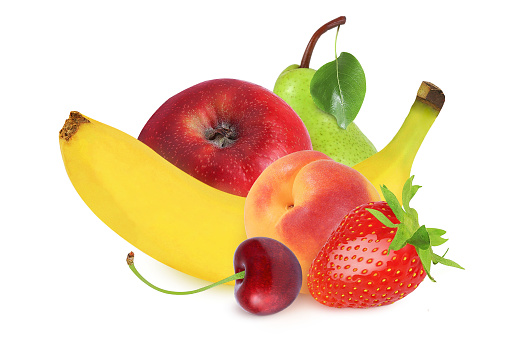 Cherry, apple, strawberry, pear, apricot, banana and strawberry on an isolated white background. Multifruit
