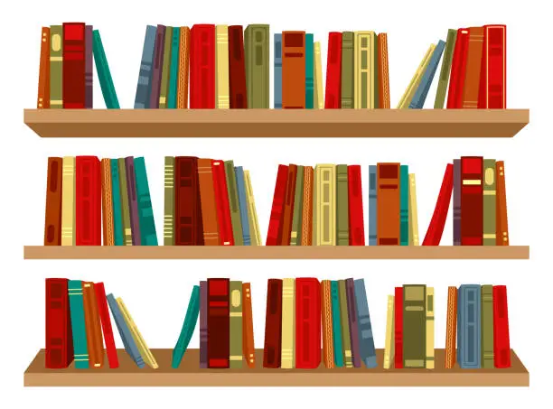 Vector illustration of Bookshelf library interior wall colorful flat set