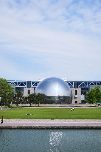 Paris, France - May, 2022: La Geode in the Parc de la Villette. Its a mirror-finished geodesic dome with an Omnimax theatre at the Cite des Sciences et de l Industrie