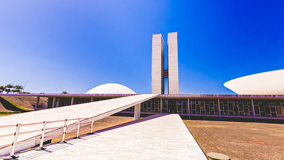 The National Congress of Brazil. Building designed by Oscar niemeyer. It is composed in the Chamber of Deputies and the Federal Senate. Brasilia, Federal District - Brazil. August, 14, 2022.