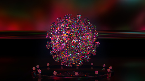 Rotating diamond 3d corona virus. Neon lighting. Glass 3D model. Seamless loop animation.