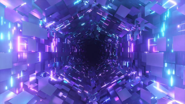 istock Flying inside a neon hexagonal tunnel vr animation. Background futuristic animation. Chaotic distribution of polygons. Seamless loop animation. 1414831242