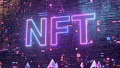 Blockchain digital data transmission room. NFT non fungible token neon concept with crypto currencies Ethereum. New way to buy digital assets, collectibles and crypto art. 3d render