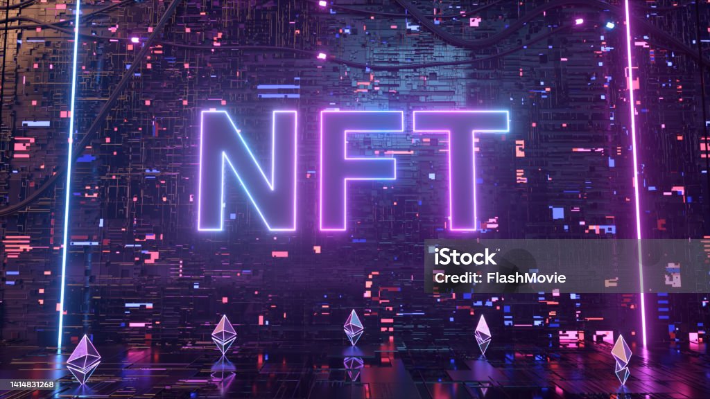 Blockchain digital data transmission room. NFT non fungible token neon concept with crypto currencies Ethereum. New way to buy digital assets, collectibles and crypto art. 3d render Ethereum Stock Photo