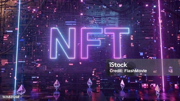 Blockchain Digital Data Transmission Room Nft Non Fungible Token Neon Concept With Crypto Currencies Ethereum New Way To Buy Digital Assets Collectibles And Crypto Art 3d Render Stock Photo - Download Image Now