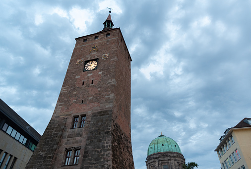 Nuremberg, Bavaria, Germany, July 9, 2022 Historic white tower in the old town