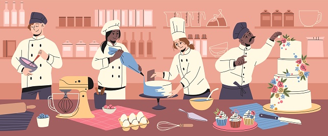Confectioner characters. Cakes and pastries making process, funny chefs decorate sweets, professional cookers work, men and women in aprons on kitchen, tidy vector cartoon flat concept