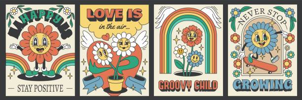 Groovy daisy flower posters. Psychedelic chamomiles with phrases, retro style faces, 70s hippie cards collection, rainbows and botanical elements, vintage print, tidy vector set Groovy daisy flower posters. Psychedelic chamomiles with phrases, retro style faces, 70s hippie cards collection, rainbows and botanical elements, vintage print, botanical characters tidy vector set psychedelic flowers stock illustrations