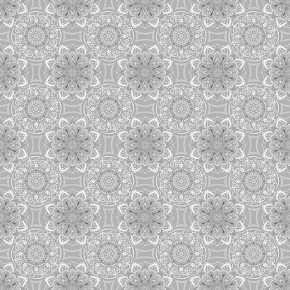 Grey pattern, mandala, ethnic, swirl, grey background. Seamless geometric pattern, hand drawn, vector.