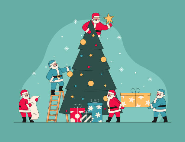 ilustrações, clipart, desenhos animados e ícones de grupo de papai noel decorando árvore de natal juntos fundo - christmas santa claus gift invitation