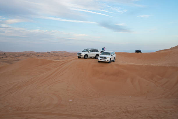 20 November 2020: Dubai, UAE. Toyota Land Cruiser and Desert safari in the Dubai (dune bashing)