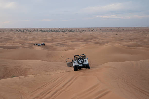 20 November 2020: Dubai, UAE: SUV cars on a Desert safari in the Dubai (dune bashing)