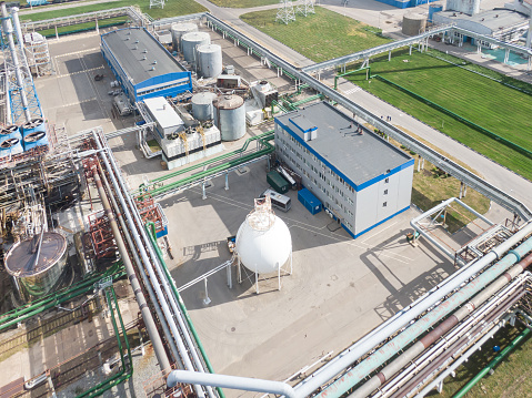 Aerial view of pipeline system of big chemical plant. Production of nitrogen fertilizers.