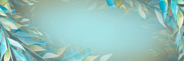 istock Horizontal frame in turquoise and olive colors with simple, abstract flowers. Watercolor illustration. For registration and design of invitations, certificates, wallpapers, postcards, backgrounds. 1414844596