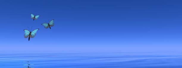 istock Blue butterflies flying to the horizon - 3D render 1414845507
