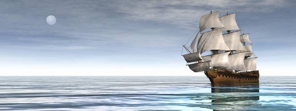 Old merchant ship on the ocean - 3D render stock photo
