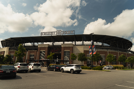 Atlanta, GA, USA: August 13, 2022-An entrance to Truist Stadium in Atlanta, Georgia. The stadium is a ballpark and the home field of Atlanta Braves -Major League Baseball team champion of 2021.
