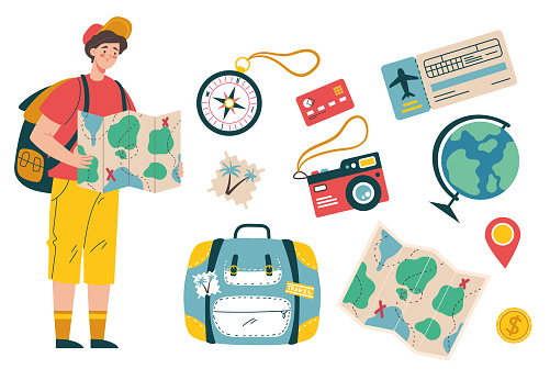 Tourist travel character with vacation tools objects isolated set collection. Vector graphic illustration