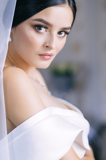 Nice young girl. Boudoir morning of the bride with luxurious hair and makeup, with a veil