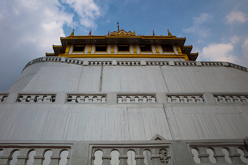 The Golden Mount Temple Over Blue Sky In Bangkok Thailand Southeast Asia \nLow Angle View
