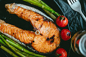 Grilled salmon steak and vegetables. Healthy eating