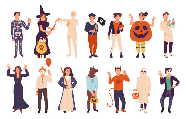 ilustrações, clipart, desenhos animados e ícones de pessoas de halloween usando fantasias de máscara, festa de outono. fantasma das bruxas de halloween, fantasmas e personagens de múmias símbolos de vetor plano conjunto de ilustração. pessoas de eventos de fantasias assustadoras - fantasia