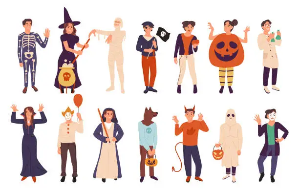 Vector illustration of Halloween people wearing masquerade costumes, fall holiday party. Scary Halloween witch, ghost and mummy characters flat vector symbols illustration set. Spooky costume event people