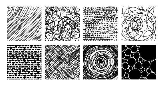 Outline abstract shapes, lines, dots and squiggly patterns. Doodle handwriting hatching elements flat vector illustration set. Hand drawn line backgrounds