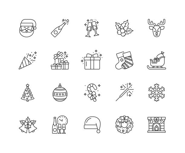 ilustraciones, imágenes clip art, dibujos animados e iconos de stock de iconos navideños de líneas delgadas. trazo editable. - gift santa claus christmas present christmas