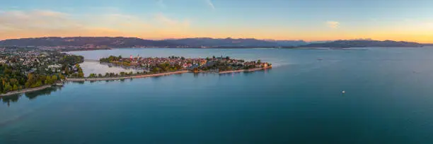 Panoramic view on the city Lindau and the Lake Constance in Germany.