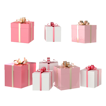 Multiple variations of Christmas gift boxes with red bows isolated on a white background with clipping path.