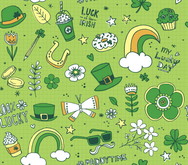 сент-пэдди дудл узор - luck st patricks day horseshoe rainbow stock illustrations