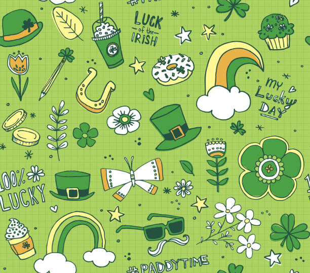 St Paddy Doodle Pattern Saint Patrick's Day seamless vector pattern featuring notebook doodles of school age kids. Charms and treats to celebrate the luck o' the Irish. cute leprechaun stock illustrations