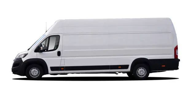 White commercial vehicle isolated on white background.
