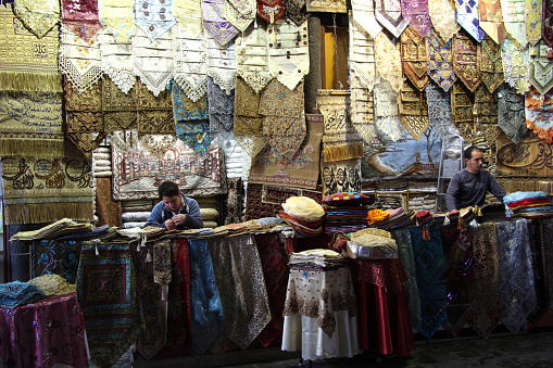 Damascus, Syria - March 20, 2011: Peaceful day at Al-Hamidiyah Souq. Shoppers of Damascus go here for ordinary purchases: fruits, spices, nuts, olives. This is the largest and oldest souk in Syria.