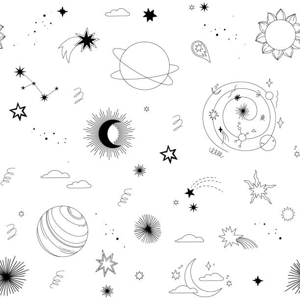 Modern hand drawn vector seamless pattern - cosmos and planets, stars, sun, comets. Universe line drawings. Solar system background. Trendy space signs with magic motifs, constellation, moon phases Modern hand drawn vector seamless pattern - cosmos and planets, stars, sun, comets. Universe line drawings. Solar system background. Trendy space signs with magic motifs, constellation, moon phases venus planet stock illustrations