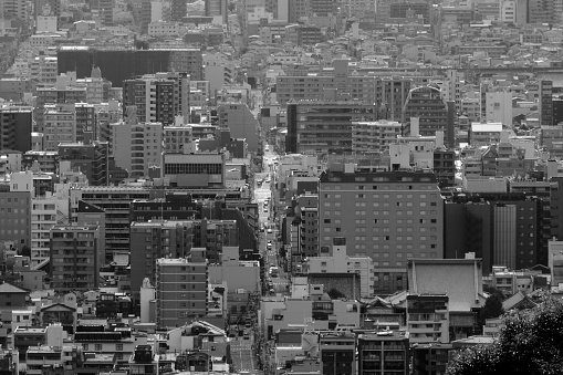 Zoomed in view from a mountain of a downtown Kyoto street lined with tall buildings on a hazy summer day. In black and white.