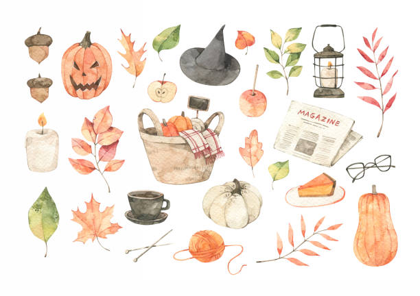 Watercolor Autumn illustrations. Halloween. Fall leaves, acorns, basket with pumpkins, pie, magazine. Forest design elements. Hello Autumn! Perfect for seasonal advertisement, invitations, cards Watercolor Autumn illustrations. Halloween. Fall leaves, acorns, basket with pumpkins, pie, magazine. Forest design elements. Hello Autumn! Perfect for seasonal advertisement, invitations, cards katt halloween stock illustrations