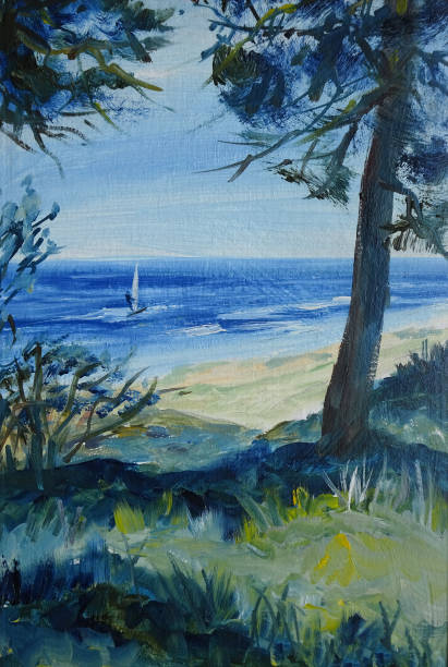 istock summer seascape with sandy shore, pine trees and a yacht, oil painting. 1414867980
