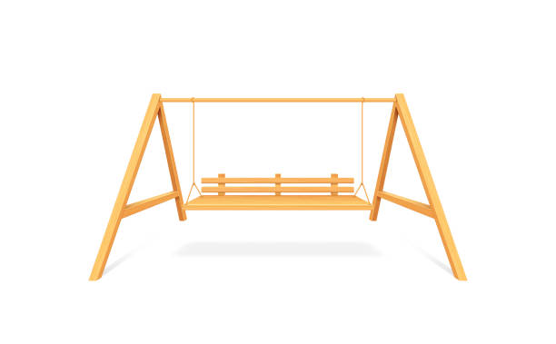 istock Wooden porch swing hanging on chains isolated on white background. Realistic swing bench for outdoor 1414867981