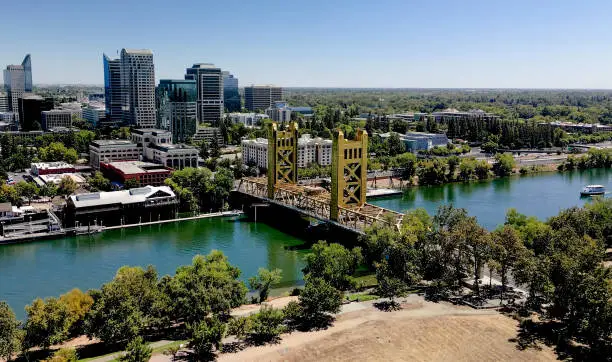 Aerial View of Tower Bridge. showing the capital building, sacramento river, old sacramento and the financial centers in West Sacramento