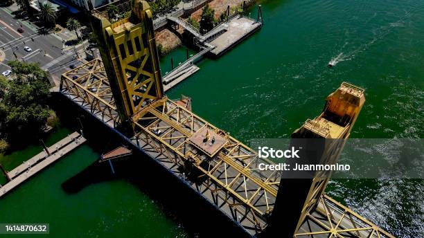 Aerial View Of Tower Bridge Over Sacramento River In Sacramento California Downtown From Above Stock Photo - Download Image Now