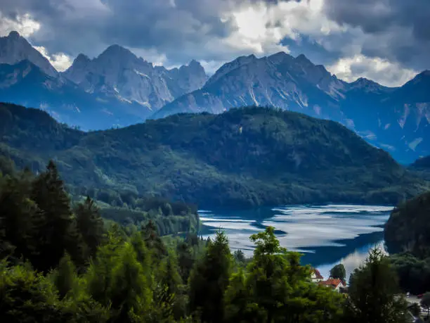 Beautiful Bavarian Landscape in German. Alps and lake view