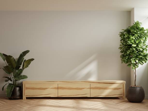 istock Minimal wooden cabinet for tv interior wall mockup. 1414872901