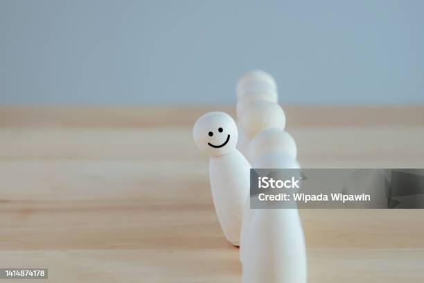 Individuality Unique Happy And Enjoy Stand Out From Group Smiling Figure Among Many Crowd Human Development Psychology Personality Concept Stock Photo - Download Image Now