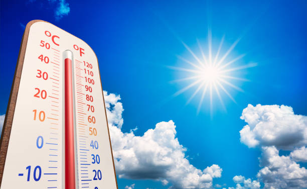 istock Thermometer on blue sky with sun shining in summer show higher Weather 1414876125